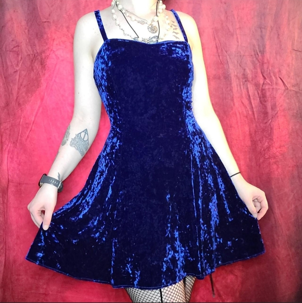 Blue velvet low back dress
